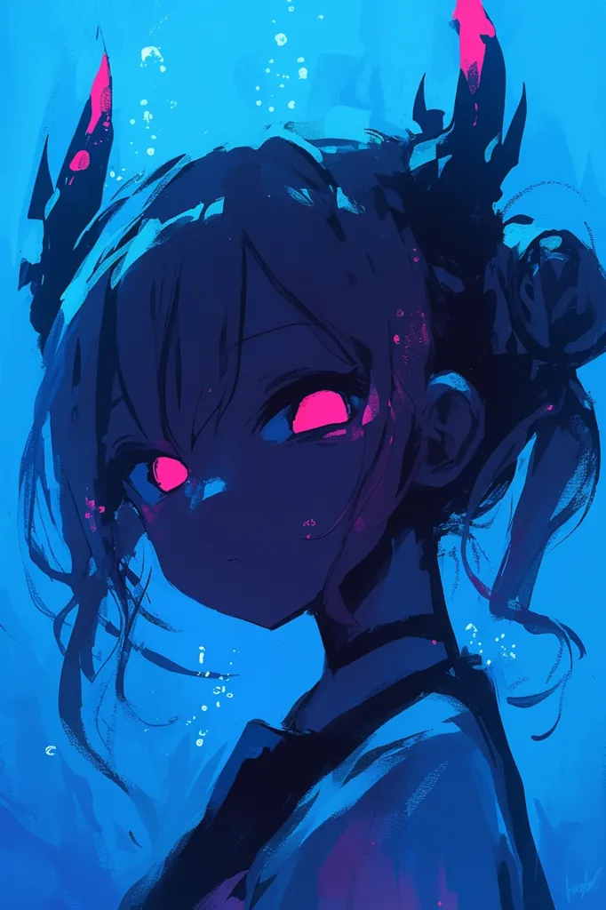 Here's a description of the image:

The artwork presents a stylized anime girl, depicted in a vibrant blue and dark palette. Her hair is dark, styled in loose, flowing strands, partially obscuring her face. She wears what appears to be a dark, possibly collared garment. Bright pink accents highlight her eyes and the distinctive, sharp, horn-like features atop her head. The background is a deep blue, suggesting an underwater setting, with small, light-blue bubbles scattered around her. The artistic style is expressive and loose, with visible brushstrokes creating a sense of movement and depth. The overall mood is mysterious and slightly melancholic.