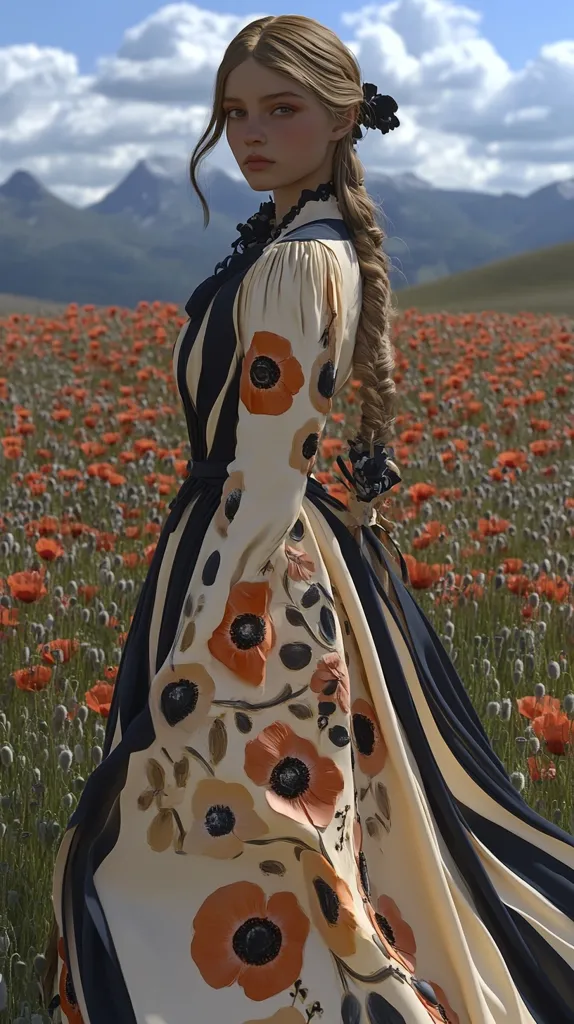 A young woman with long blonde hair braided down her back stands in a field of red poppies.  She wears a long, elegant dress with a cream base and dark navy accents, adorned with a poppy floral pattern. The dress has long sleeves and a fitted bodice.  The background features a dramatic mountain range under a partly cloudy sky, creating a picturesque and romantic setting. The image appears to be digitally rendered or heavily edited.