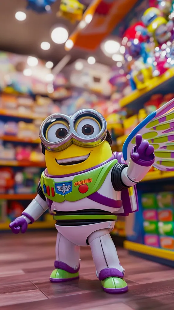 A Minion, dressed as Buzz Lightyear from Toy Story, stands in a brightly lit toy store.  The Minion is detailed, wearing Buzz's iconic spacesuit with purple accents and wings. Its signature goggles and happy expression are visible. The background is a blurred but colorful array of various toys on shelves, showcasing a vibrant toy store environment. The Minion's pose is playful and engaging, suggesting a fun and whimsical scene.