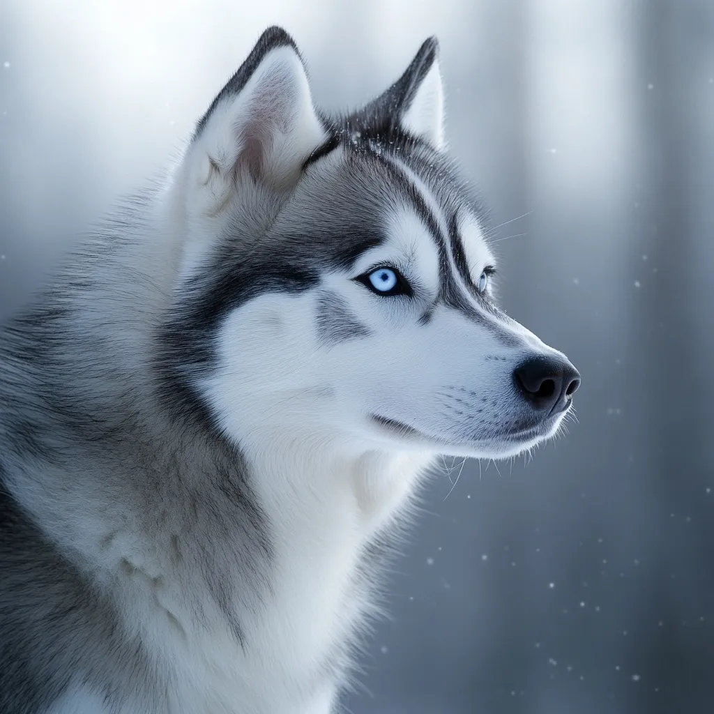 Here's a description of the image:

The photograph showcases a Siberian Husky, its profile prominently displayed against a softly blurred background.  The dog's coat is a striking blend of white and grey, with distinctive black markings on its face, creating a mask-like effect.  Its piercing, bright blue eyes gaze intently off to the side, giving it an alert and noble appearance. The scene appears to be an outdoor winter setting, subtly suggested by the falling snow and muted, cool-toned background. The focus is sharply on the Husky, emphasizing the texture of its fur and the details of its facial features.