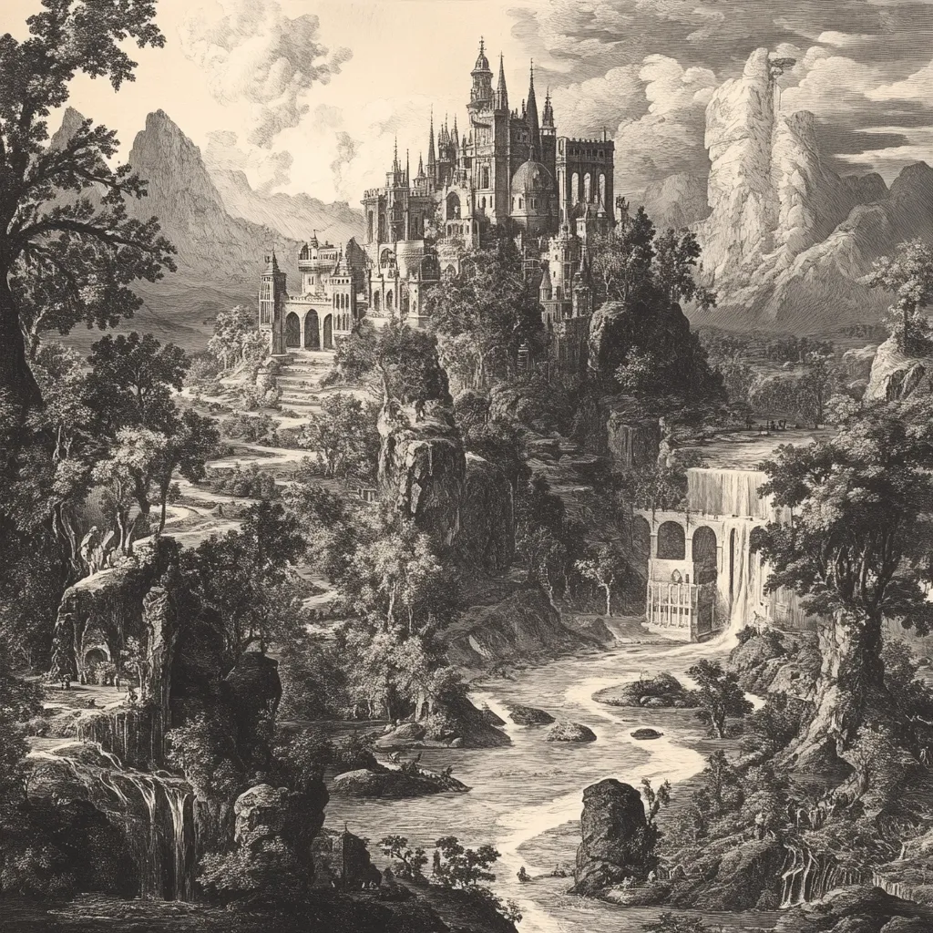 Here is a description of the image:

The monochrome print depicts a fantastical landscape dominated by a large, ornate castle perched atop a rocky hill. The castle is Gothic in style, with numerous towers and spires. A winding river flows through the foreground, cascading down a series of waterfalls and cliffs.  Lush foliage, including trees and shrubs, covers the landscape. Small figures are scattered throughout the scene, providing a sense of scale. The background shows more mountains, adding depth to the composition. The overall style suggests a romantic or allegorical interpretation of nature and architecture. The dark and light contrast creates a dramatic and somewhat mysterious atmosphere.