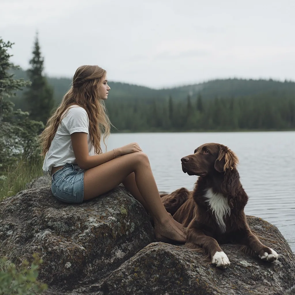 A young woman with long, wavy hair sits on a large rock by a calm lake, her legs extending towards the water. She's wearing a white t-shirt and denim shorts.  Beside her, a brown dog with white chest fur lies relaxed, gazing towards the water. The background is a serene, overcast landscape of dark green forest and a still lake, conveying a peaceful and contemplative atmosphere.  The overall mood is one of quiet solitude and companionship.