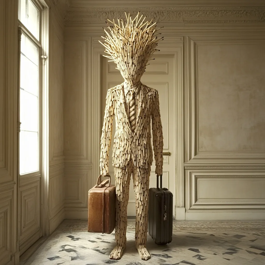 A striking sculpture stands in a grand, light-filled room.  The figure, resembling a businessman, is entirely constructed from countless matchsticks, forming a suit complete with a tie.  Its head is a chaotic burst of the same material.  The sculpture holds two suitcases, one brown leather and one dark gray, adding to the surreal and slightly unsettling effect of the piece. The setting enhances the contrast between the classical architecture and the unconventional art.