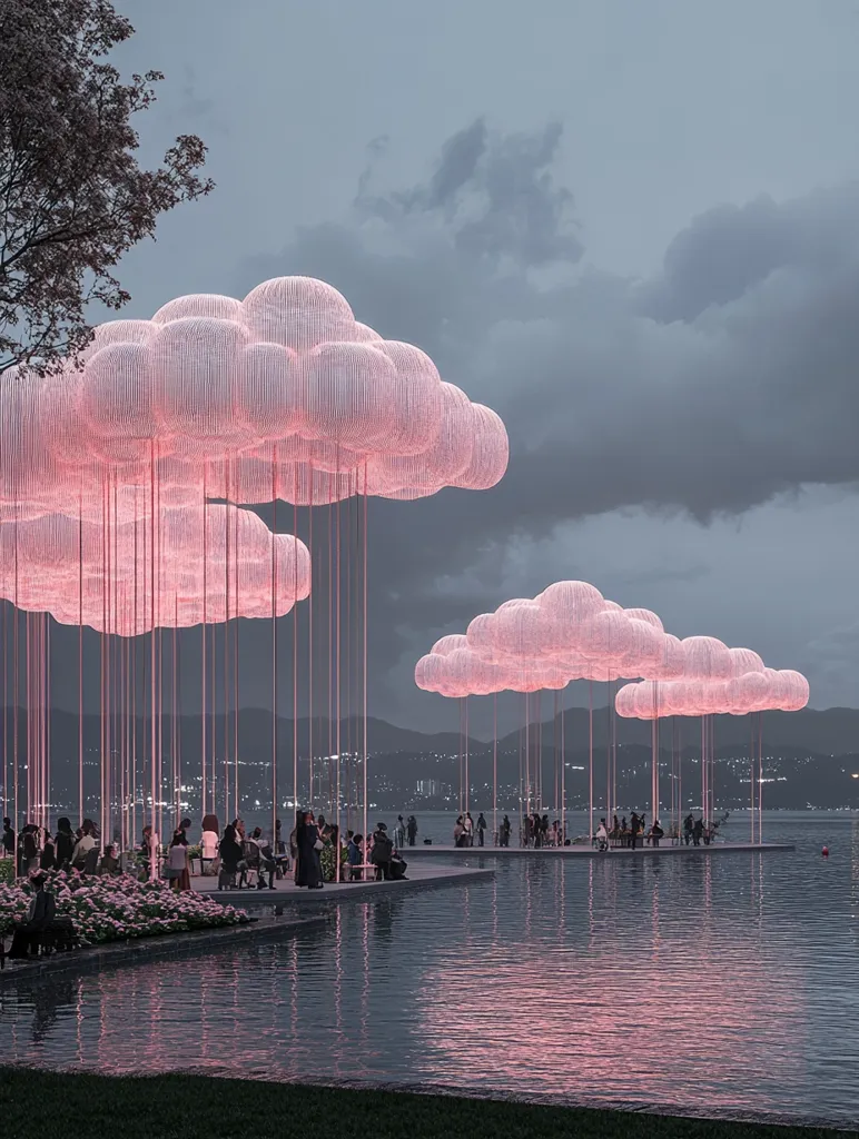 Here's a description of the image:

The image depicts a serene waterfront scene at dusk, featuring several large, luminous pink cloud-like sculptures suspended above a calm body of water.  These installations are composed of numerous thin, vertical strands emanating from the cloud forms, creating a visually striking effect. People are gathered on a walkway beneath the sculptures, enjoying the ambient lighting.  In the distance, a city skyline is visible, adding a touch of urban contrast to the peaceful atmosphere. The overall mood is ethereal and dreamlike.