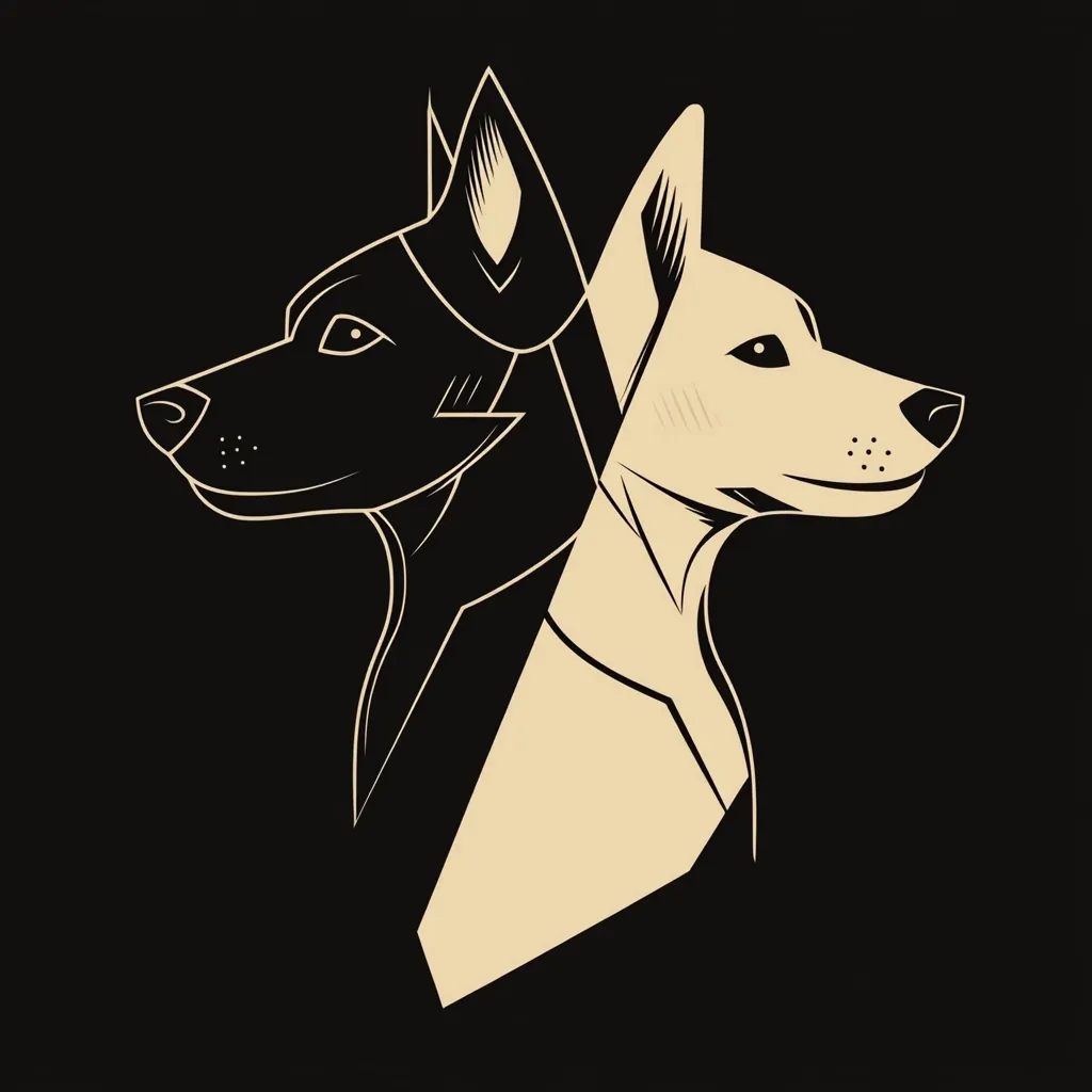 The image is a stylized illustration of two dogs' heads, presented in profile view.  One dog is depicted in black, the other in a light beige.  Their bodies are partially merged, creating a symmetrical, yin-yang-like effect against a black background. The linework is clean and bold, giving the piece a graphic, almost logo-like quality.  The dogs appear to be similar breeds, possibly German Shepherds, with distinct facial features and elegant necks. The contrasting colors highlight the duality of the design.