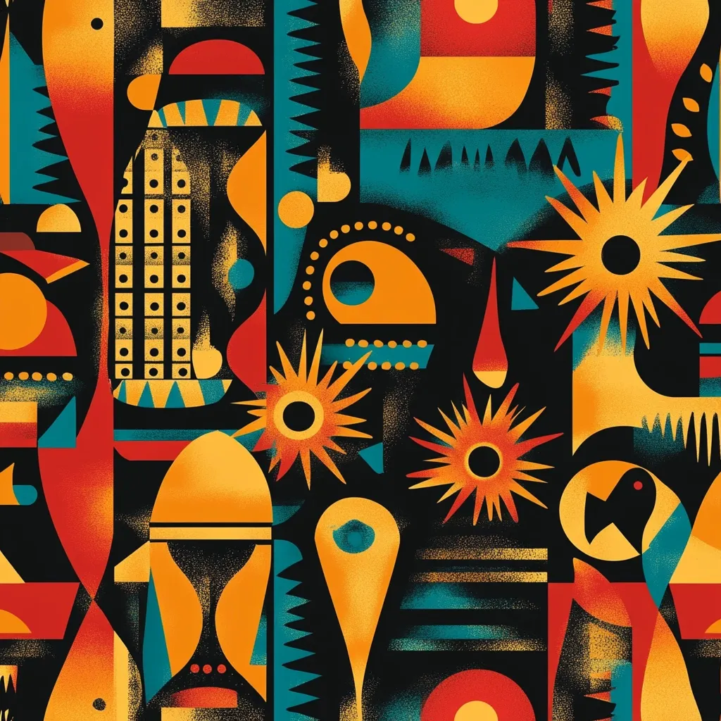 This image is a vibrant, abstract pattern featuring a collage of geometric shapes and stylized floral elements.  Dominated by warm oranges and reds against a dark background, it incorporates teal and black accents.  The style is reminiscent of mid-century modern design with a textured, almost grainy effect applied to the shapes, creating depth and a slightly retro feel.  The composition is dense, yet balanced, with various sized shapes interlocked to form a seamless, repeating pattern.