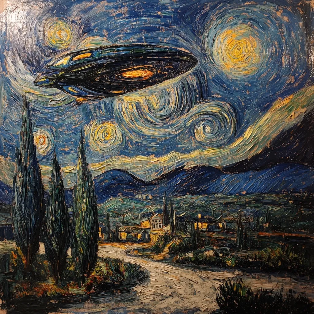 This artwork is a reimagining of Van Gogh's "The Starry Night," incorporating a UFO into the composition.  The iconic swirling sky, punctuated by bright stars, remains, but a dark, disc-shaped spacecraft hovers above the familiar landscape.  The impasto style, thick brushstrokes of paint, characteristic of Van Gogh, is faithfully replicated, creating a striking juxtaposition of the familiar and the extraterrestrial.  The overall effect is surreal and captivating.