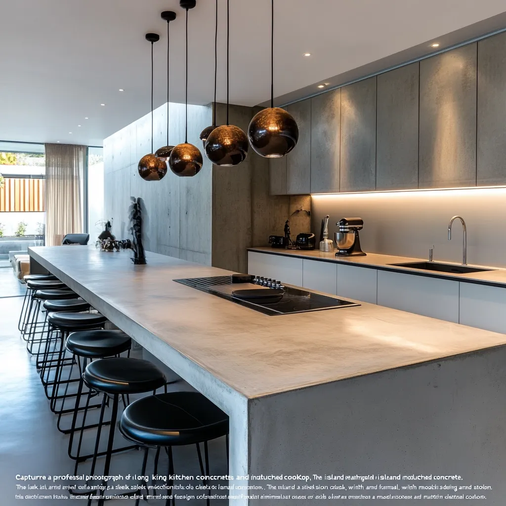 Here's a description of the image:

The photograph showcases a sleek, modern kitchen featuring a long, concrete island countertop with a built-in induction cooktop.  Multiple black pendant lights hang above the island, illuminating the space. The cabinetry is minimalist and light gray, contrasting with the darker concrete island.  A row of black bar stools sits along one side of the island.  The overall aesthetic is clean, sophisticated, and contemporary, with a focus on simple lines and neutral colors.  A large window provides natural light in the background.