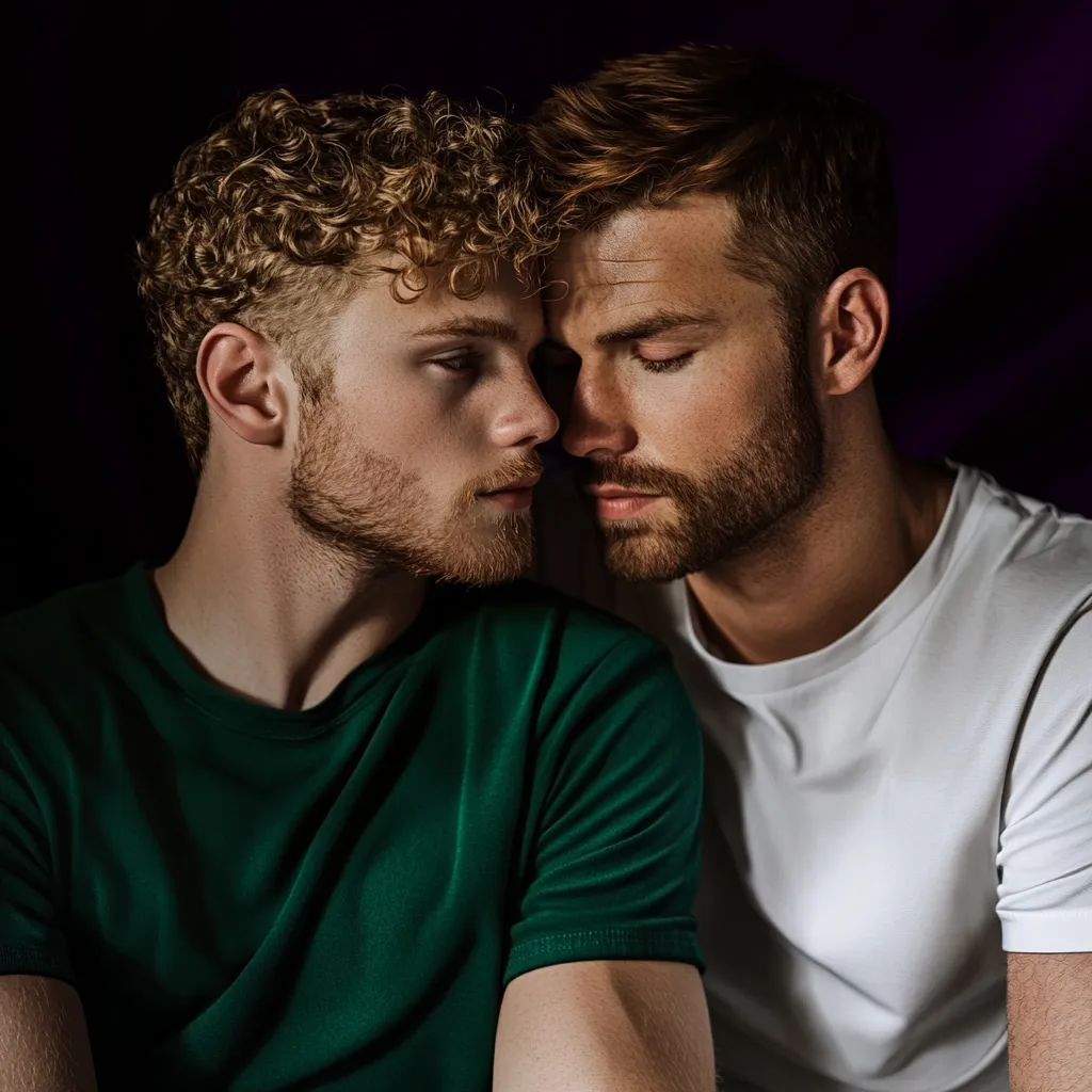 Here's a description of the image:

Close-up view of two young men, intimately close together.  The man on the left has curly, light-brown hair and a beard, wearing a deep green t-shirt. The man on the right has shorter, auburn hair and a beard, dressed in a simple white t-shirt. Their eyes are closed, foreheads touching, suggesting a moment of intimacy and affection. The background is dark, drawing focus to the men and their connection. The lighting is soft and dramatic, enhancing the mood of the image.