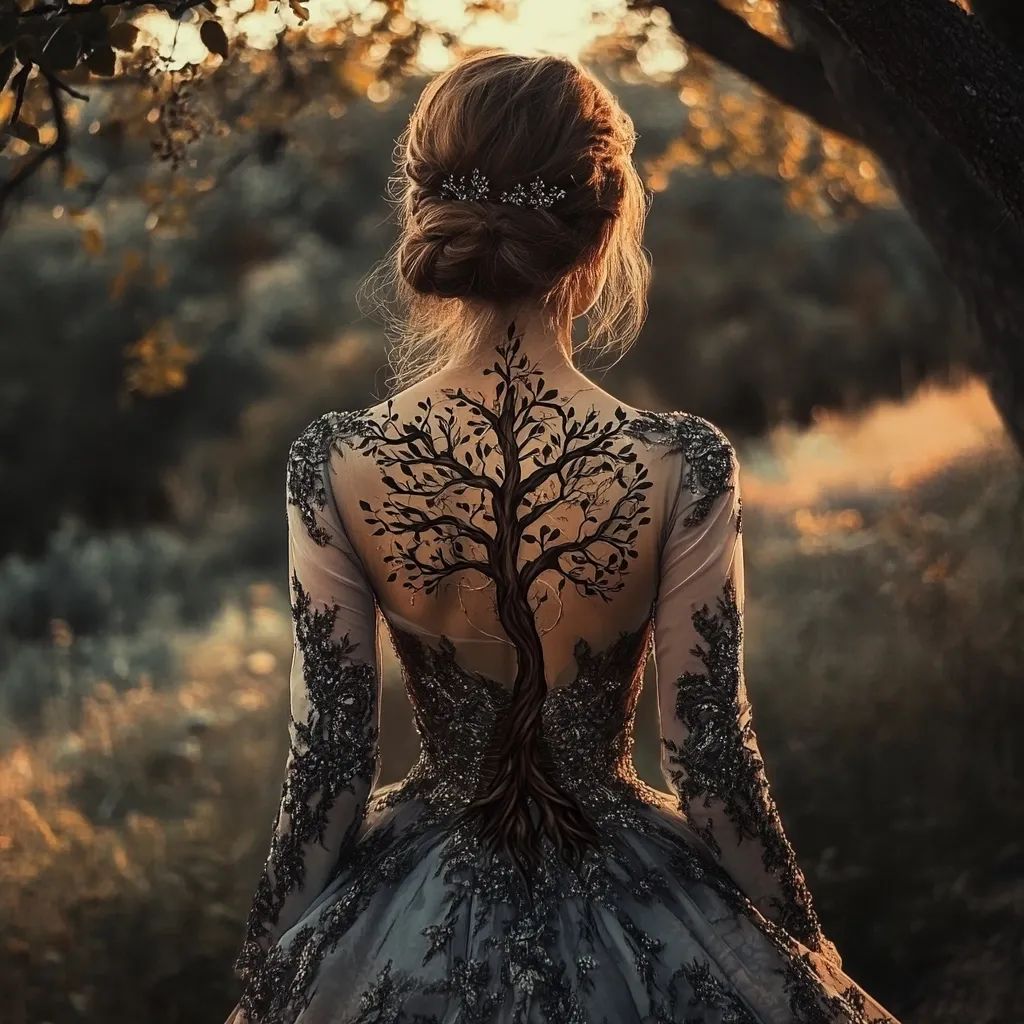 A woman, her back to the camera, wears an elegant, dark grey gown adorned with intricate lace.  Her hair is styled in an updo, accented with a delicate hairpiece.  A striking black tree of life tattoo is prominently displayed on her back, its intricate branches and roots stretching from her shoulders to her waist. The setting is a soft, golden-hour woodland, creating an ethereal and mystical atmosphere. The image suggests a blend of nature, beauty, and artistic expression.