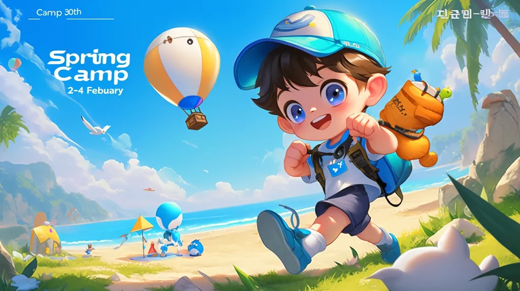 This vibrant illustration advertises a "Spring Camp" from February 2-4.  A cheerful, cartoonish boy with a backpack, wearing a blue cap, excitedly runs towards the viewer on a sunny beach.  A hot air balloon floats in the sky, and other small, cute characters are visible on the beach. The overall style is bright, playful, and evocative of a fun, carefree summer camp experience.  The text "Camp 30th" is subtly placed in the upper left corner.
