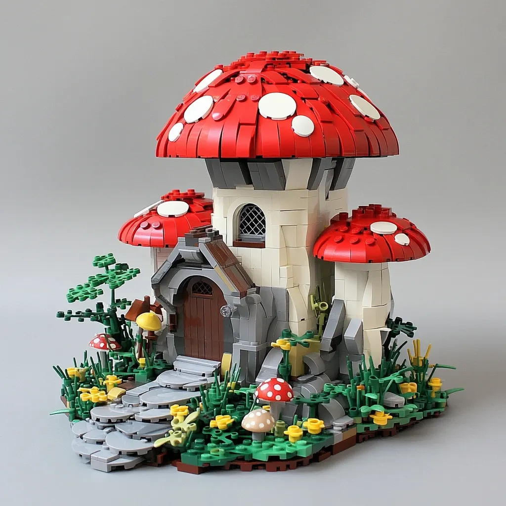 Here's a description of the image:

A charming Lego creation depicts a whimsical mushroom house nestled in a vibrant garden. The main structure is a tower formed from off-white bricks, topped with a large red mushroom cap featuring white polka dots.  Two smaller red and white mushroom caps adorn the sides.  A small stone pathway leads to a dark brown door, and grey stone accents add detail.  The base is a lush scene with green grass, yellow flowers, and smaller Lego mushrooms, completing the enchanting miniature fairy house.
