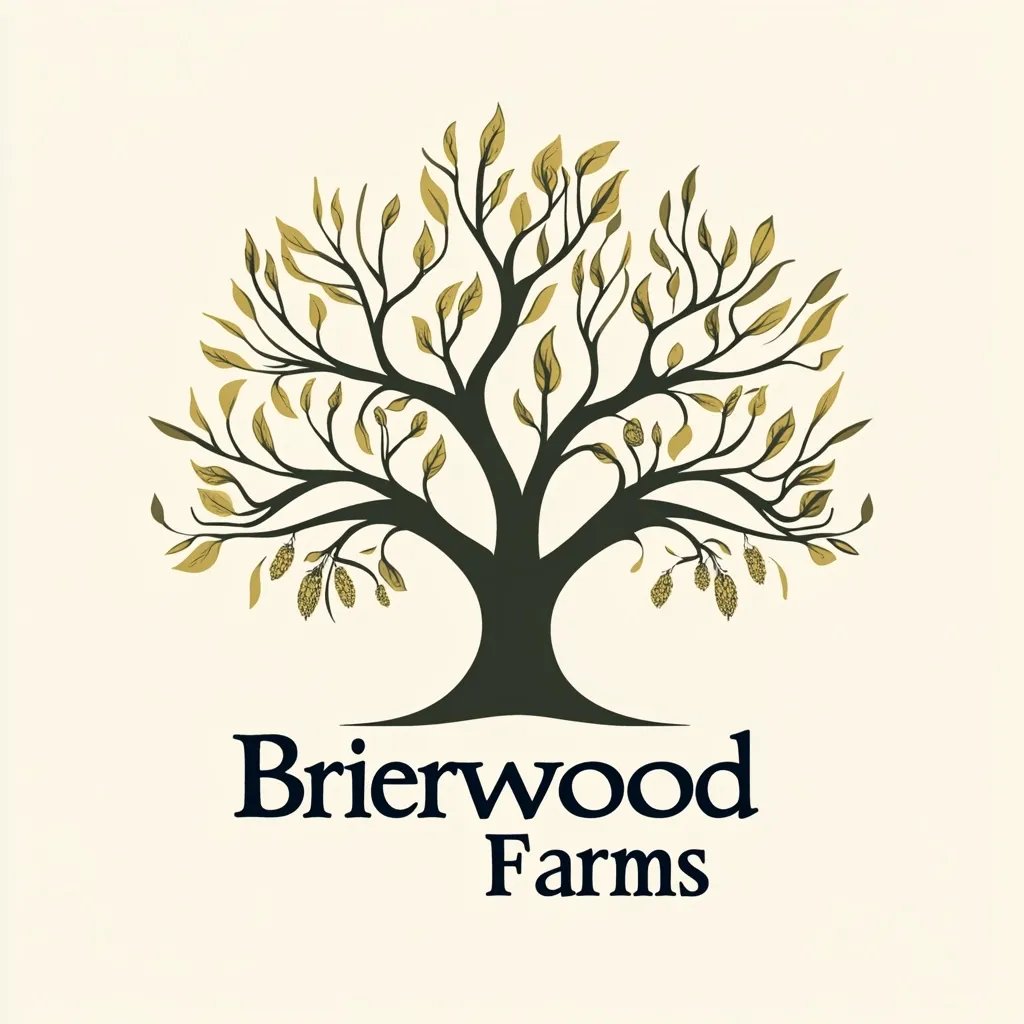 Here's a description of the image:

The logo for Brierwood Farms features a stylized illustration of a large, full tree with a dark trunk and olive-green leaves. The tree's branches spread wide, creating a rounded canopy. Small, light-colored clusters hang from some branches, possibly representing fruit or seed pods. Below the tree, the words "Brierwood Farms" are displayed in a dark, serif font. The overall style is clean, simple, and evokes a sense of nature and agricultural wholesomeness. The background is a light beige or cream color, providing a neutral backdrop for the logo's elements.