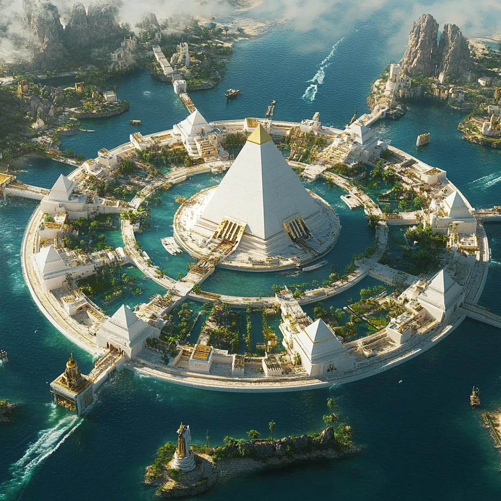 An aerial view showcases a breathtaking, circular island city.  A grand central pyramid, gleaming white with gold accents, dominates the scene, surrounded by smaller pyramids and intricate canals. The city, seemingly inspired by ancient Egyptian architecture, features lush vegetation and numerous buildings, all connected by a network of waterways.  Statues flank bridges leading to the main island, which is encircled by a tranquil turquoise sea. The entire scene evokes a fantastical, utopian vision of a technologically advanced, yet historically inspired civilization.