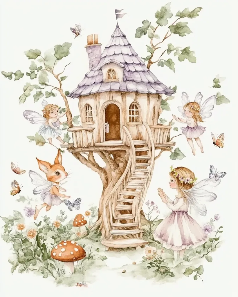 A charming watercolor illustration depicts a whimsical tree house nestled in a lush, flowering tree. Three fairies, with delicate wings and flowing dresses, interact around the house; one approaches, while others climb or fly nearby. A small, winged bunny fairy adds to the magical scene. Butterflies flutter around, enhancing the fairytale atmosphere.  Mushrooms sprout from the base of the tree, completing the idyllic, enchanted setting. The overall style is soft and ethereal.