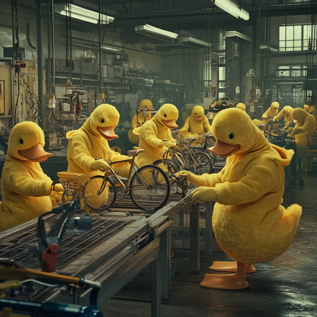 A whimsical scene unfolds in a dimly lit factory.  Several duck-costumed figures meticulously assemble bicycles on a production line. The ducks, bright yellow and fluffy, appear engrossed in their work.  The factory setting is gritty and industrial, with exposed pipes and aged machinery, creating a stark contrast to the cheerful appearance of the workers. The overall impression is one of surreal humor and unexpected juxtaposition.