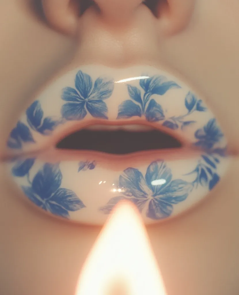 Close-up view of a pair of lips adorned with a delicate design.  The lips are painted a creamy beige, and overlaid with a pattern of pale blue flowers and leaves, reminiscent of porcelain china.  A candle flame gently rises from the center of the lower lip, creating a surreal and slightly unsettling juxtaposition of beauty and fire. The overall aesthetic is artistic and slightly ethereal.