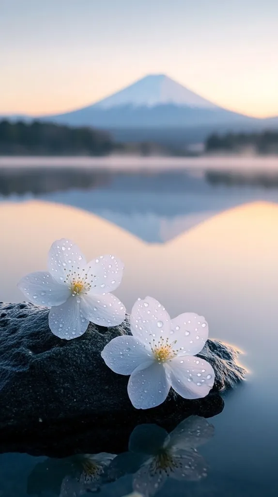 Here's a description of the image:

Two delicate white flowers, possibly cherry blossoms, adorned with water droplets, rest on a dark, smooth stone nestled in calm water.  The background features a softly blurred, ethereal image of Mount Fuji rising majestically above a tranquil lake or pond at dawn. The scene is serene and peaceful, exuding a sense of tranquility and natural beauty.  The reflection of the mountain is visible in the still water, mirroring the serenity above.