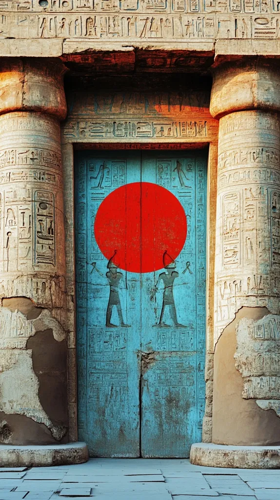 Here's a description of the image:

The photograph shows a weathered, teal-blue doorway set within a sandstone structure, possibly of ancient Egyptian origin. The door is adorned with hieroglyphs and depictions of figures, possibly pharaohs or gods, in a style consistent with ancient Egyptian art.  A large, red circle is superimposed centrally on the door.  The sandstone frame around the door is heavily textured, showing signs of age and erosion, with more hieroglyphs carved into the stone.  The overall impression is one of age, history, and the juxtaposition of ancient and modern elements due to the added red circle.