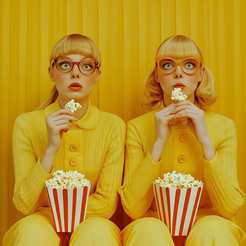 Two identical blonde women, wearing matching yellow cardigans and retro-style glasses, sit against a vibrant yellow backdrop.  They both hold containers of popcorn, one piece held delicately in each hand. Their expressions are wide-eyed and slightly surprised, creating a playful, symmetrical image. The overall aesthetic is bright, cheerful, and reminiscent of 1960s pop art.