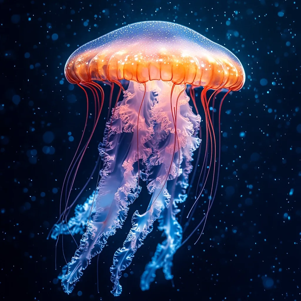 A mesmerizing jellyfish dominates the frame, its translucent bell glowing with an orange-hued top that gradually transitions to a vibrant blue towards the trailing tentacles.  The long, delicate tentacles exhibit ruffled edges, creating a graceful, ethereal appearance. The jellyfish is set against a dark blue backdrop speckled with shimmering particles, suggesting an underwater environment. The overall image is striking due to the contrast between the jellyfish's luminescence and the deep, dark background.