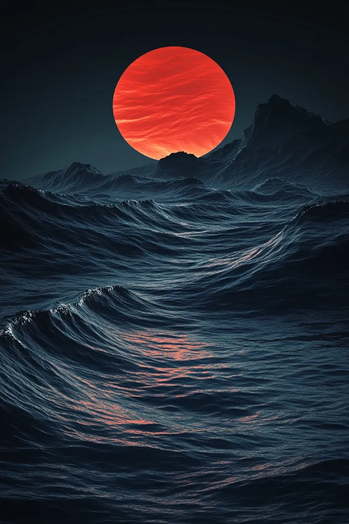 A large, vibrant red sun dominates the upper portion of the image, setting behind dark, mountainous silhouettes that rise from a deep, textured ocean.  The waves of the sea are powerfully rendered, their dark blue hues reflecting subtle hints of the red sun's glow. The overall mood is dramatic and serene, a contrast between the intense color of the sun and the somber tones of the sea and land.  The image has a digitally created, almost surreal quality.
