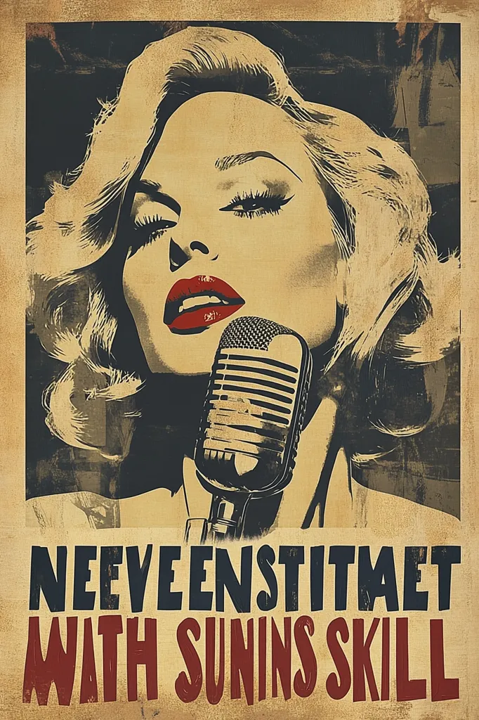 Here's a description of the image:

The poster features a stylized illustration of a woman with voluminous blonde hair, reminiscent of classic Hollywood glamour.  She's depicted singing into a vintage microphone, her expression one of intense emotion. The style is a blend of vintage poster art and possibly a touch of pop art, with bold colors and textures.  The text at the bottom, "NEEVEENSTITMET WATH SUNINS SKILL," appears to be intentionally stylized and possibly nonsensical or a play on words. The overall effect is a striking and memorable image.