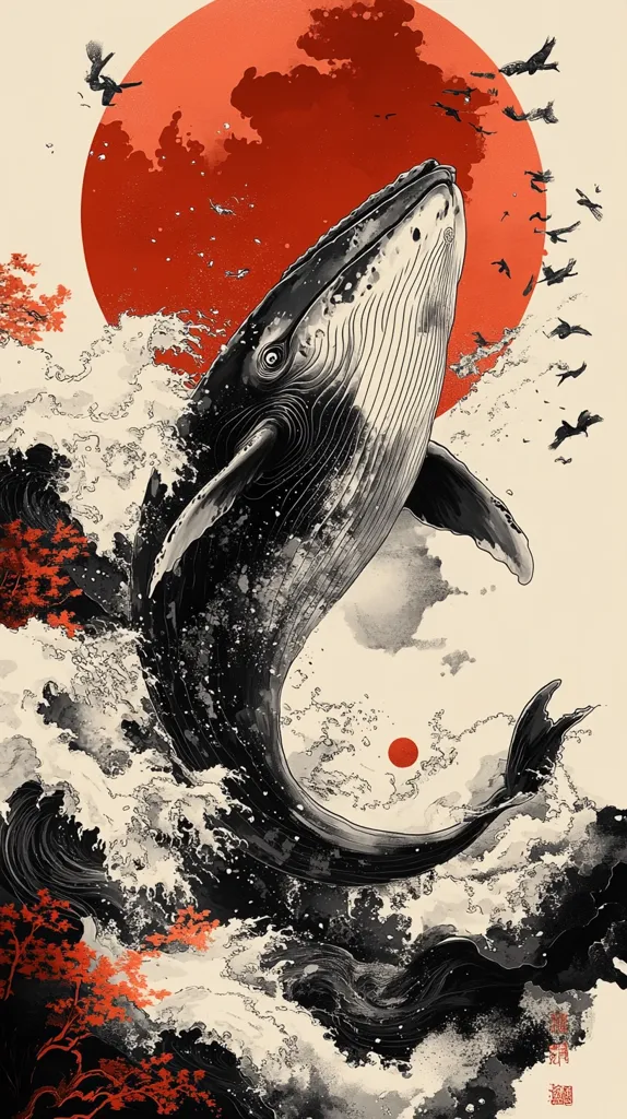 The artwork depicts a humpback whale breaching from the ocean, set against a backdrop of a large red sun and a smaller red circle.  The style is reminiscent of Japanese woodblock prints, using a monochromatic palette of black, white, and red.  Birds fly around the sun, adding to the dynamic composition.  The whale is rendered with detailed linework, showcasing its musculature and the texture of the water.  Waves crash around the whale, creating a sense of motion and energy.  Stylized red flora is present at the bottom. The overall effect is dramatic and visually striking.
