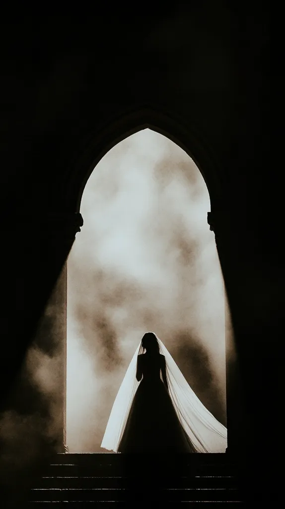 A silhouetted bride stands before a stone archway, her long veil trailing behind her.  She is positioned against a hazy, light-filled background, creating a dramatic contrast. The scene is moody and evocative, with the darkness of the archway framing the ethereal figure of the bride.  The image suggests a sense of mystery and anticipation, possibly hinting at a wedding or a significant moment. The overall aesthetic is dark and romantic.