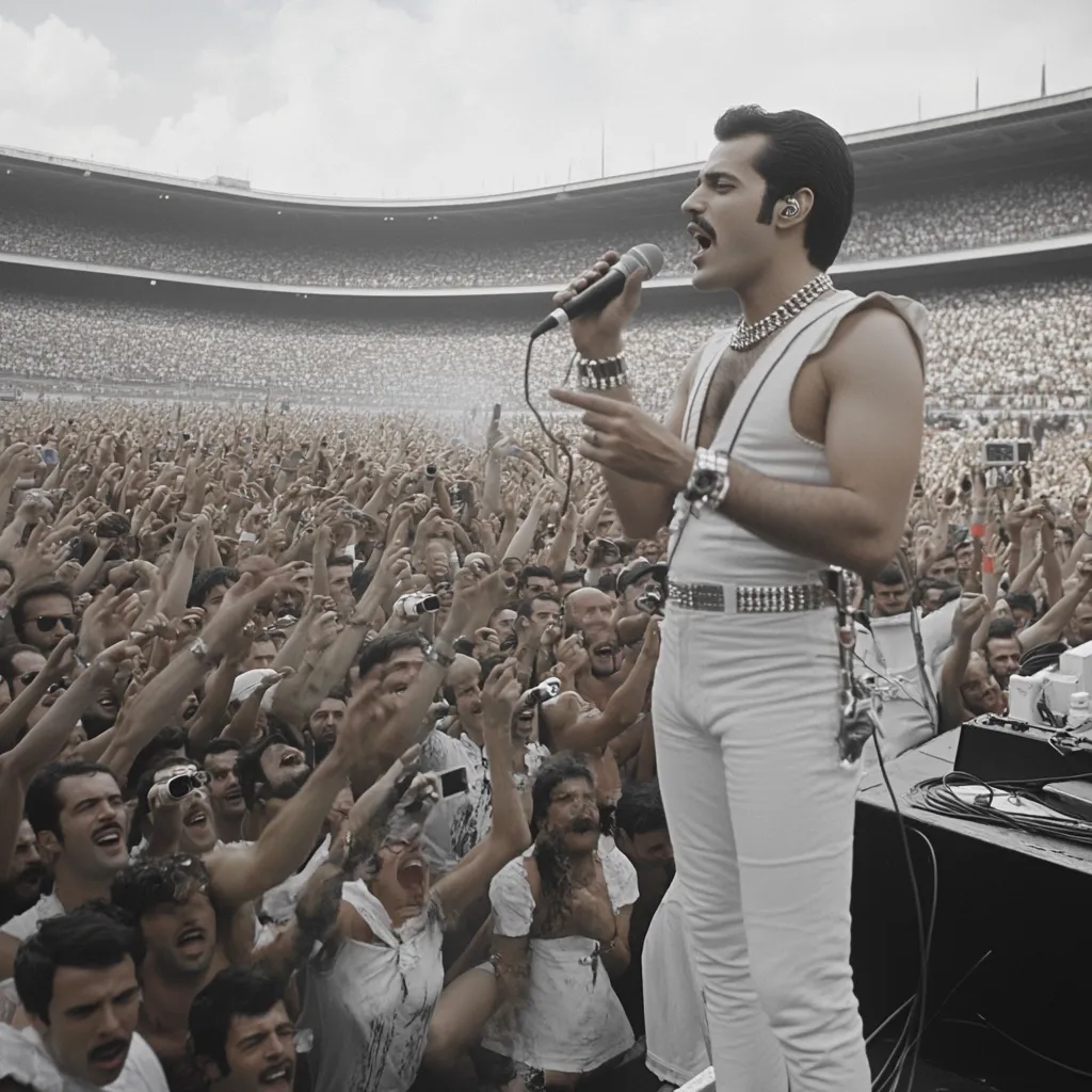 Here's a description of the image:

The image is a still from a film, likely depicting a concert scene. Freddie Mercury, in his iconic white jumpsuit and jewelry, is center stage, passionately singing into a microphone.  A massive crowd fills a stadium, their arms raised in enthusiastic applause and their faces a blur of excitement.  The overall color palette is desaturated, with a monochrome effect enhancing the intensity of the moment. The scene conveys the raw energy of a live performance and the singer's connection with his audience.