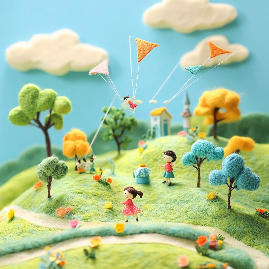 A whimsical felt landscape depicts children enjoying a sunny day.  Tiny felt figures play beneath a bright blue sky dotted with fluffy clouds.  Three kites soar on strings, adding to the playful scene.  Small felt trees and a charming little house are scattered across the rolling green hills, creating a miniature world of carefree childhood fun.  The overall effect is one of sweet innocence and idyllic joy.