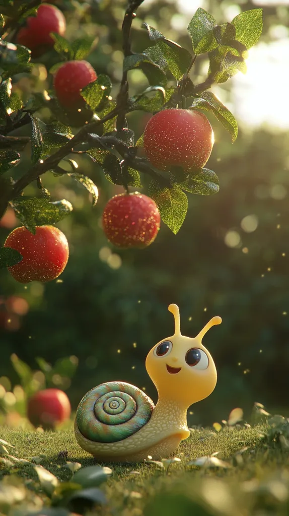 Here's a description of the image:

A cheerful, cartoonish snail with a yellow body and a spiraled, teal-green shell sits in the grass.  It faces upward toward a small apple tree laden with glistening red apples.  Sunlight streams through the scene, illuminating dust motes in the air.  The overall tone is warm, whimsical, and evokes a sense of peace and quiet in a garden setting. The apples appear ripe and juicy, adding to the idyllic nature of the scene.