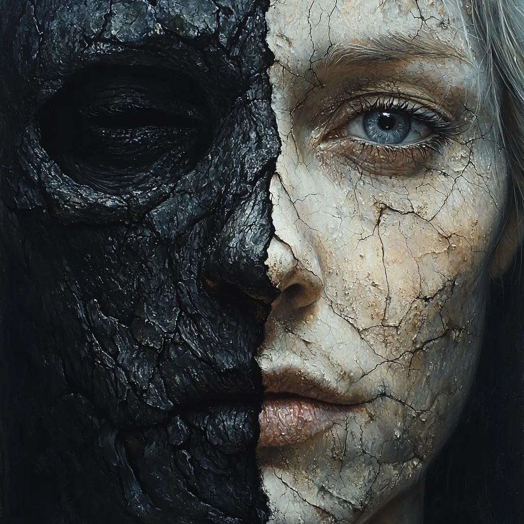 Here's a description of the image:

The painting depicts a woman's face, dramatically split in two.  One half is rendered in a dark, charcoal-like texture, resembling burnt or petrified wood, creating a harsh, almost monstrous appearance.  The other half shows pale, cracked skin, suggestive of age, decay, or trauma, with visible wrinkles and fissures. A single, striking blue eye is visible on the lighter side, contrasting with the shadowed emptiness of the darker half. The juxtaposition of textures and tones highlights a stark duality, potentially symbolizing inner conflict or the contrasting aspects of beauty and ruin.