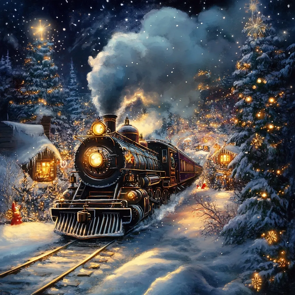 A vintage steam train chugs through a snow-covered winter wonderland.  Tall evergreen trees, adorned with twinkling Christmas lights, line the tracks.  Cozy snow-dusted cabins glow warmly in the distance, adding to the magical, festive atmosphere.  Snow falls gently, enhancing the enchanting scene, a perfect depiction of a Christmas train journey. The train's headlight illuminates the path ahead, leaving trails of light on the snowy ground.