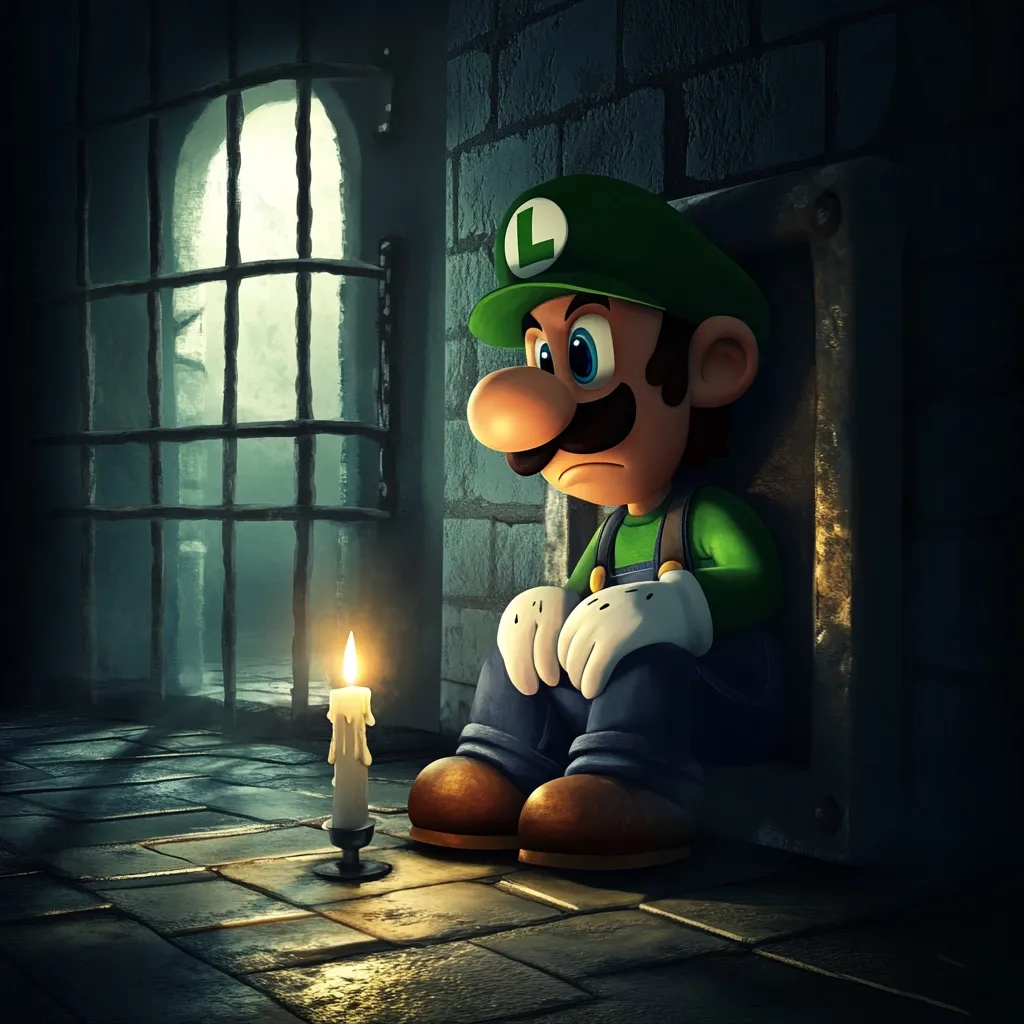 A digital rendering depicts a melancholic Luigi seated in a dimly lit, stone cell.  A single lit candle casts a soft glow on the floor beside him.  He sits with his hands clasped, gazing downward, his expression somber.  A barred window reveals a muted moonlight outside. The overall atmosphere is one of isolation and sadness.  Luigi's iconic green attire and cap are clearly visible.