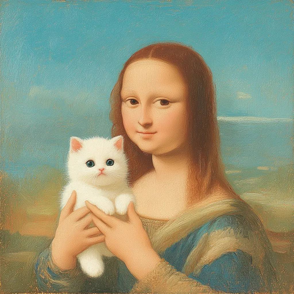 Here's a description of the image:

The painting is a playful reimagining of Leonardo da Vinci's Mona Lisa.  A young girl, strikingly similar to Lisa Gherardini, holds a small, fluffy white kitten with striking blue eyes. The girl's expression is serene, mirroring the Mona Lisa's enigmatic smile. The background is a soft blue seascape, painted in a style consistent with Renaissance portraiture. The overall effect is a charming blend of classical art and modern cuteness. The artist's technique employs visible brushstrokes, enhancing the painterly quality of the work.