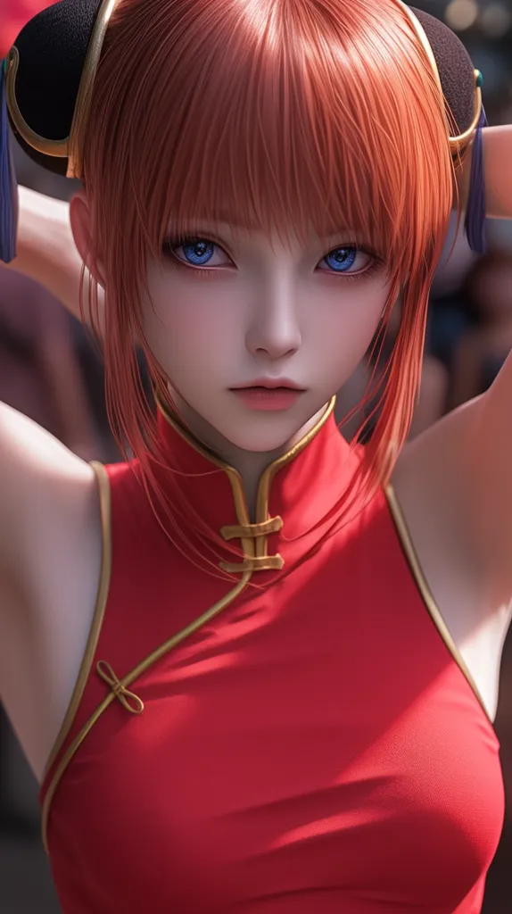 Here is a description of the image:

The image showcases a meticulously rendered digital portrait of a young woman.  Her vibrant, shoulder-length, reddish-orange hair is styled with bangs and swept back, partially held by dark hair accessories. She possesses striking blue eyes and fair skin, her expression serene yet captivating.  The woman is dressed in a sleeveless, red qipao-style dress adorned with gold detailing, a traditional Chinese garment. Her posture is slightly suggestive, hands delicately adjusting her hair.  The overall style is anime-inspired, with a strong focus on realism in the details of skin, hair, and clothing. The background is blurred, keeping the focus entirely on the subject.