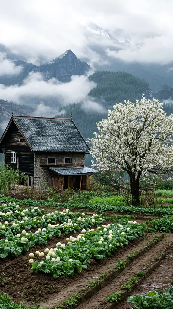 A rustic, dark-wood and stone house sits nestled in a verdant valley, shrouded in a soft mist.  Rows of flourishing crops, possibly melons or cabbages, stretch out before it, their pale fruit contrasting with the rich soil.  A blossoming white tree stands sentinel beside the dwelling.  Misty, snow-capped mountains provide a breathtaking backdrop, creating a serene and idyllic scene.