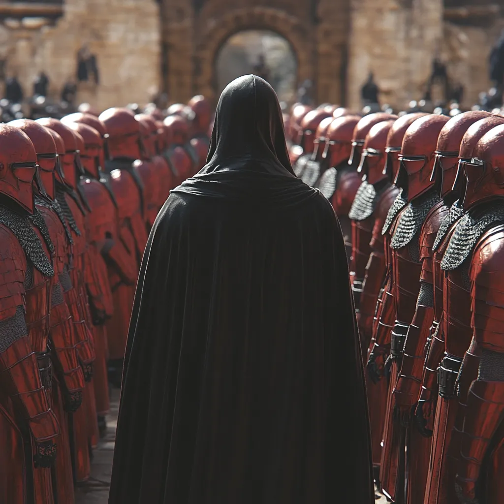 A figure cloaked in black stands before a line of soldiers in crimson armor.  Their backs are to the camera, the hooded figure dominating the foreground. The soldiers are uniformly dressed, standing rigidly in formation against a blurred background of ancient stone architecture and onlookers.  The scene evokes a sense of power and impending action, suggestive of a military or ceremonial context.  The contrast between the black cloak and the red armor is visually striking.