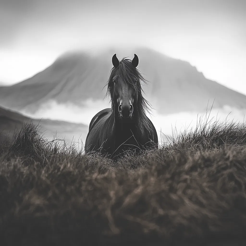 A black Icelandic horse stands in tall grass, gazing directly at the camera.  The horse's dark coat contrasts sharply with the muted grayscale tones of the misty, mountainous landscape behind it.  The atmosphere is serene and powerful, emphasizing the horse's majestic presence against the vast, somewhat ominous backdrop.  The image is monochromatic, enhancing the moody and dramatic effect.