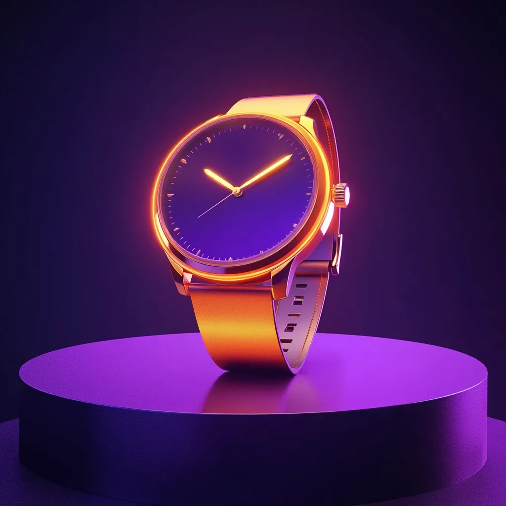 A stylish wristwatch with a vibrant design is showcased.  The watch features a gold-toned case and band, contrasting sharply with its deep purple face.  The hands glow with a warm orange light. The watch rests on a circular, purple pedestal against a dark purple backdrop, creating a dramatic and modern aesthetic. The lighting emphasizes the watch's metallic sheen and color contrast.
