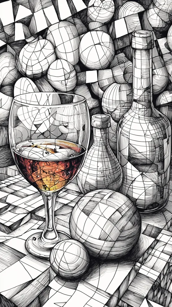 Here's a description of the image:

The artwork is a meticulously detailed still life rendered in black and white ink.  A wine glass, partially filled with a dark red liquid, sits centrally.  Surrounding it are various geometrically patterned spheres, suggesting a cubist or geometric approach to still life.  Two bottles, one taller and thinner than the other, and more spheres are also included, all exhibiting the same consistent hatching style. The background is a complex interplay of lines and shapes adding depth and texture. The entire piece has a strong sense of three-dimensionality despite the monochromatic palette.