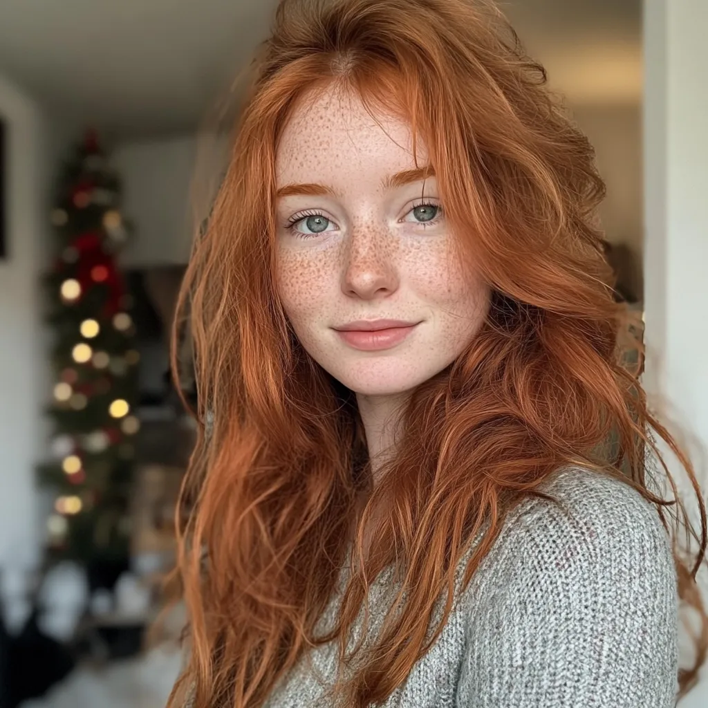 Here's a description of the image:

Close-up portrait of a young woman with vibrant, long, wavy red hair and numerous freckles across her face.  She has light-colored eyes and a soft, gentle expression. Her hair cascades around her shoulders, partially obscuring a light gray knit sweater she's wearing. The background is blurred but shows a decorated Christmas tree with warm, soft lighting, suggesting a cozy, festive atmosphere. The overall impression is one of natural beauty and warmth.