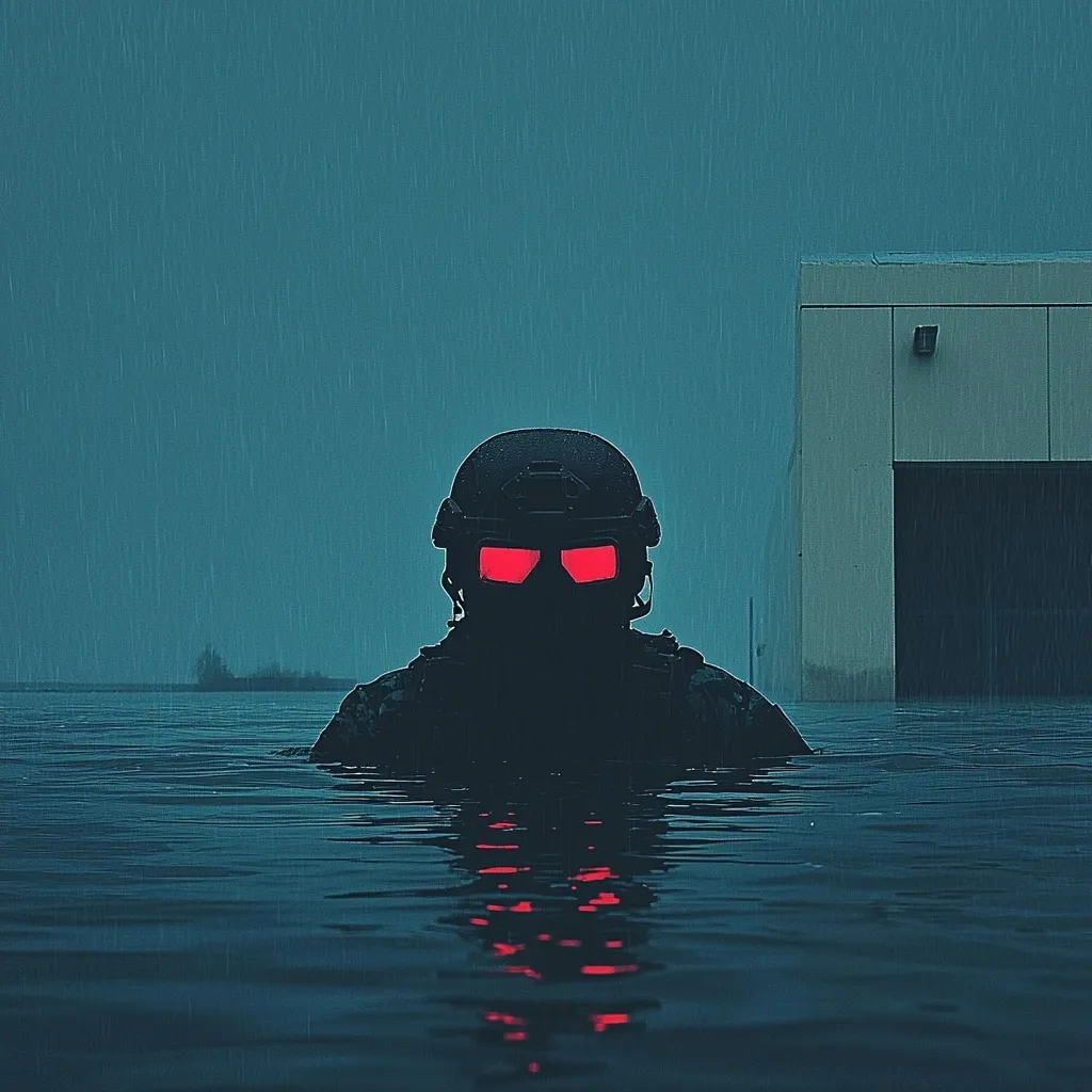 A shadowy figure, clad in tactical gear and helmet, partially submerged in dark, rain-swept water.  Red glowing eyewear illuminates the figure's face, obscuring features.  A large, light-colored building stands in the background, partially flooded. The overall mood is ominous and atmospheric, suggesting a scene of covert operation or post-apocalyptic survival. The rain creates a somber, almost cinematic, effect.