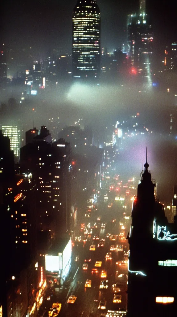 A nighttime cityscape shrouded in fog.  Tall buildings, illuminated with warm and cool lights, pierce the misty atmosphere.  A busy street below is a river of taillights, stretching into the hazy distance. The overall mood is atmospheric and slightly mysterious, evoking a sense of urban density and the quiet hum of nighttime activity. A prominent skyscraper dominates the skyline, its lights stark against the softer glow of the surrounding buildings.