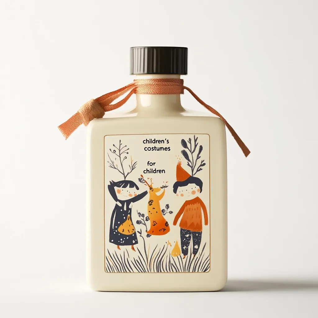 Here's a description of the image:

The image shows a cream-colored square bottle with a black cap, tied with an orange ribbon.  A whimsical illustration adorns the bottle's label, depicting two children and a small animal in a stylized autumnal scene. The text on the label reads "children's costumes for children," suggesting the bottle's contents are related to children's apparel or perhaps a scented product. The overall style is charming and childlike, with a slightly vintage aesthetic. The bottle is presented against a simple, off-white background.