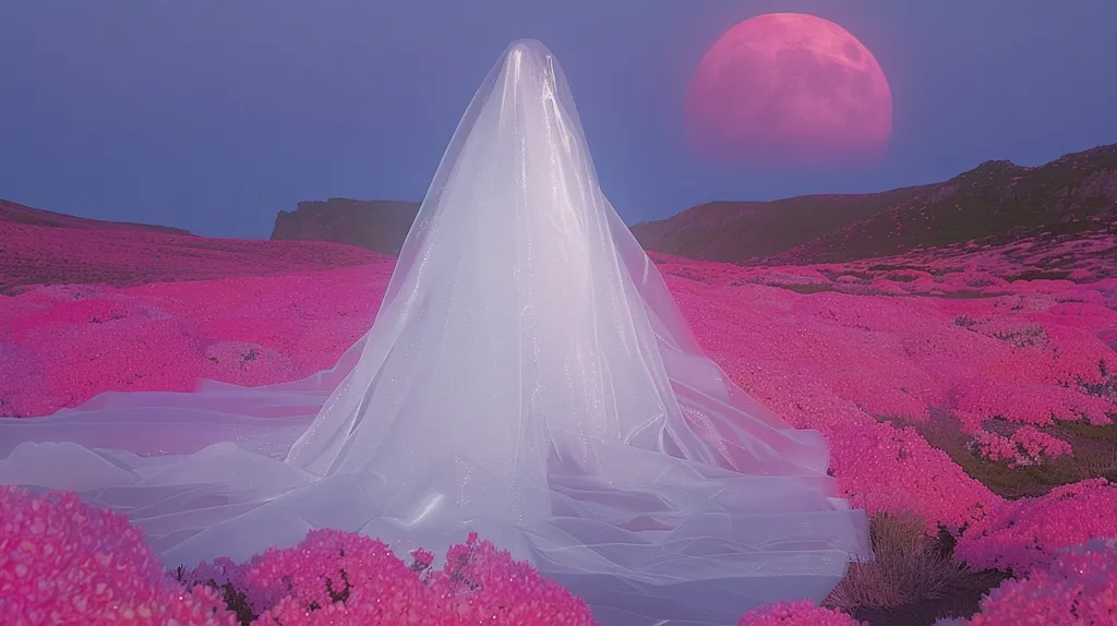 A long, flowing white veil stands alone in a surreal landscape.  The veil, seemingly made of sheer fabric, drapes elegantly over a field of vibrant pink flowers. A large, pink moon hangs in the dusky purple sky above a dark, mountainous horizon. The scene is dreamlike and otherworldly, with a striking contrast between the cool tones of the veil and moon and the intense pink of the flora. The overall effect is one of ethereal beauty and mysterious solitude.