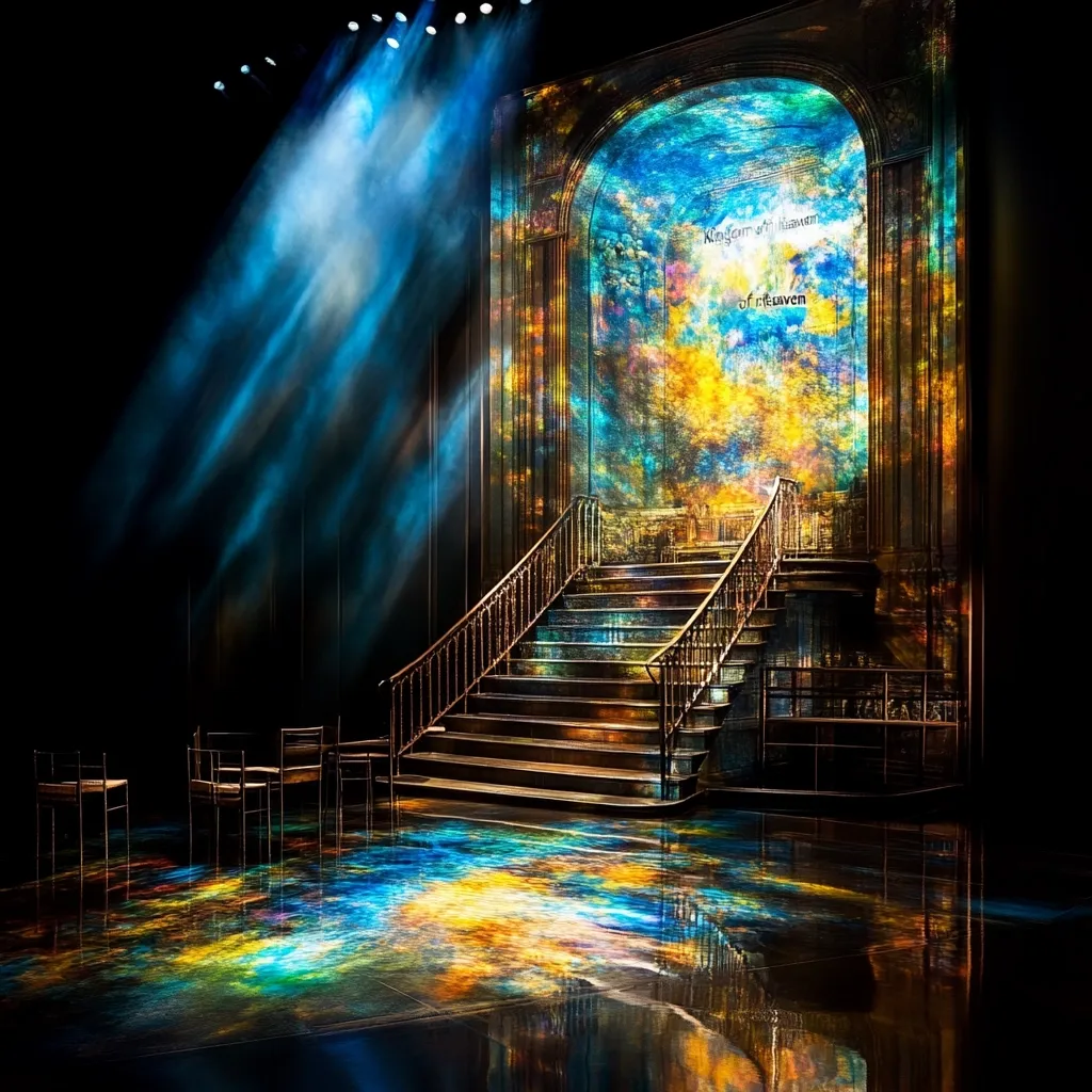 A theatrical stage is bathed in ethereal light.  A grand staircase ascends towards a massive, stained-glass-like backdrop depicting a celestial scene, the words "Kingdom of Heaven" inscribed subtly within.  The floor reflects the vibrant colors of the backdrop, creating a breathtakingly immersive environment.  Simple chairs are positioned in the foreground, adding a sense of scale to the majestic set.  The overall effect is one of otherworldly beauty and grandeur.