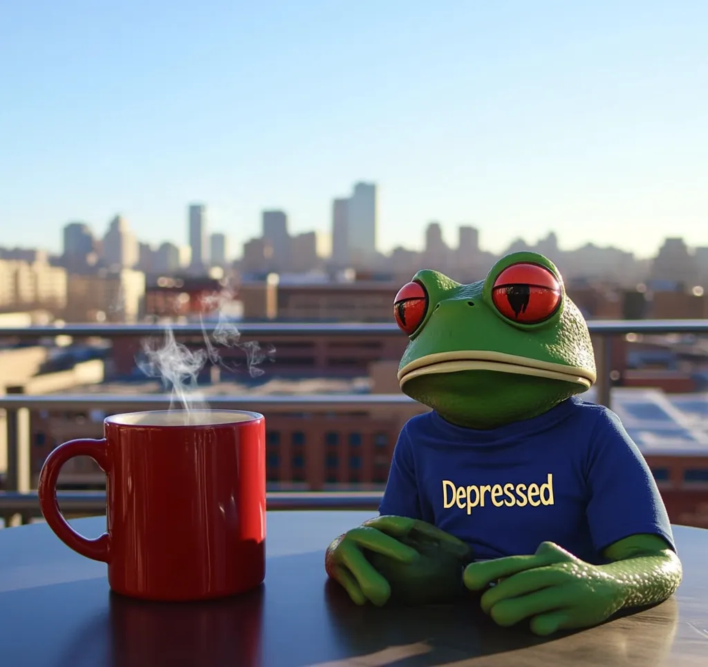 A frog wearing a blue shirt that says "Depressed" sits at a table overlooking a city skyline. A steaming red mug sits beside it. The frog has large red eyes and a somber expression. The scene is set outdoors on a sunny day, with the city in the background appearing slightly out of focus.  The overall mood is melancholic yet serene.
