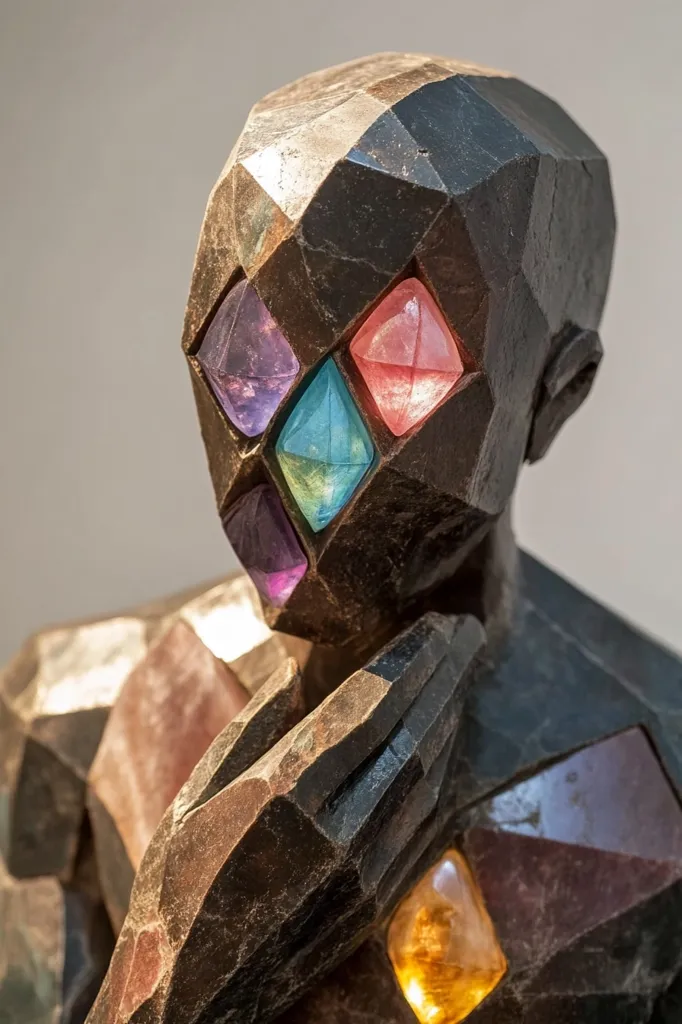 A close-up view of a dark, angular sculpture resembling a human figure.  The figure's face is composed of geometric facets, inlaid with vibrant, multifaceted gems in shades of pink, purple, teal, and amber.  The hands are clasped together in a contemplative pose. The overall texture is rough and seemingly carved from stone, with a matte finish, contrasting sharply with the glossy shine of the embedded jewels. The sculpture suggests a blend of modern and ancient artistry.